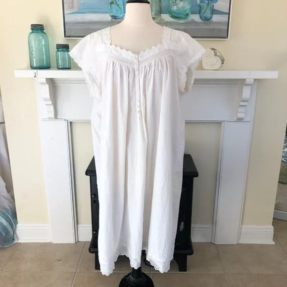 Eileen West White Cotton Midi Nightgown Size 1X Cap Sleeve Pintuck - Picture 1 of 6